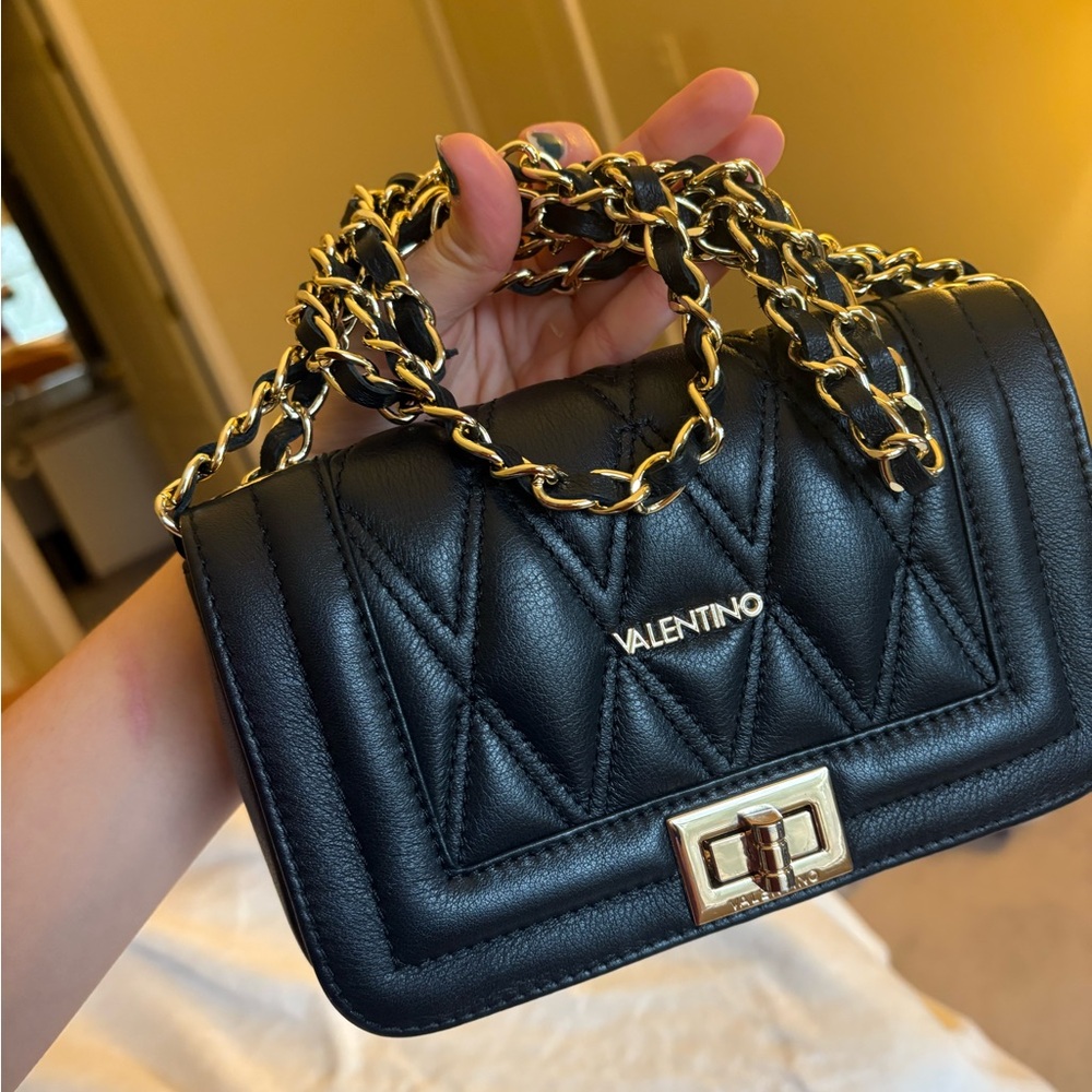 Valentino Black Quilted Leather Crossbody with Gold Chain